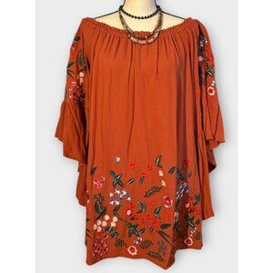Umgee Womens Large Top Burnt Orange Bell Sleeve Embroidered Hippie‎ Floral Boho